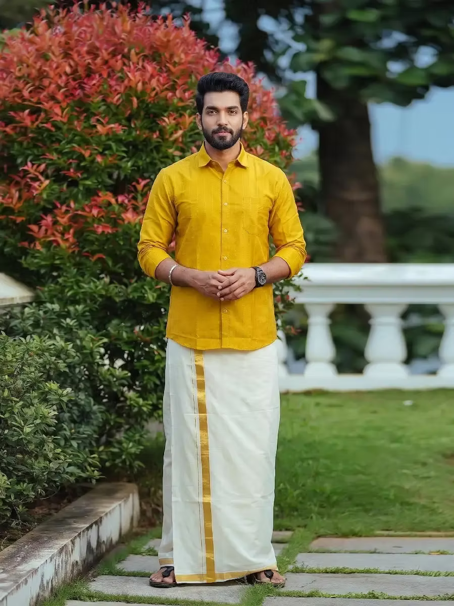 Mustard Yellow Golden Flecha Cotton Shirt and Kasavu Mundu Dhoti Combo