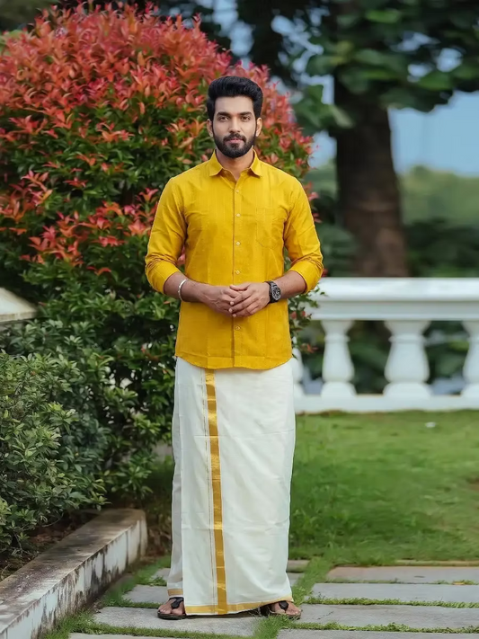 Mustard Yellow Golden Flecha Cotton Shirt and Kasavu Mundu Dhoti Combo