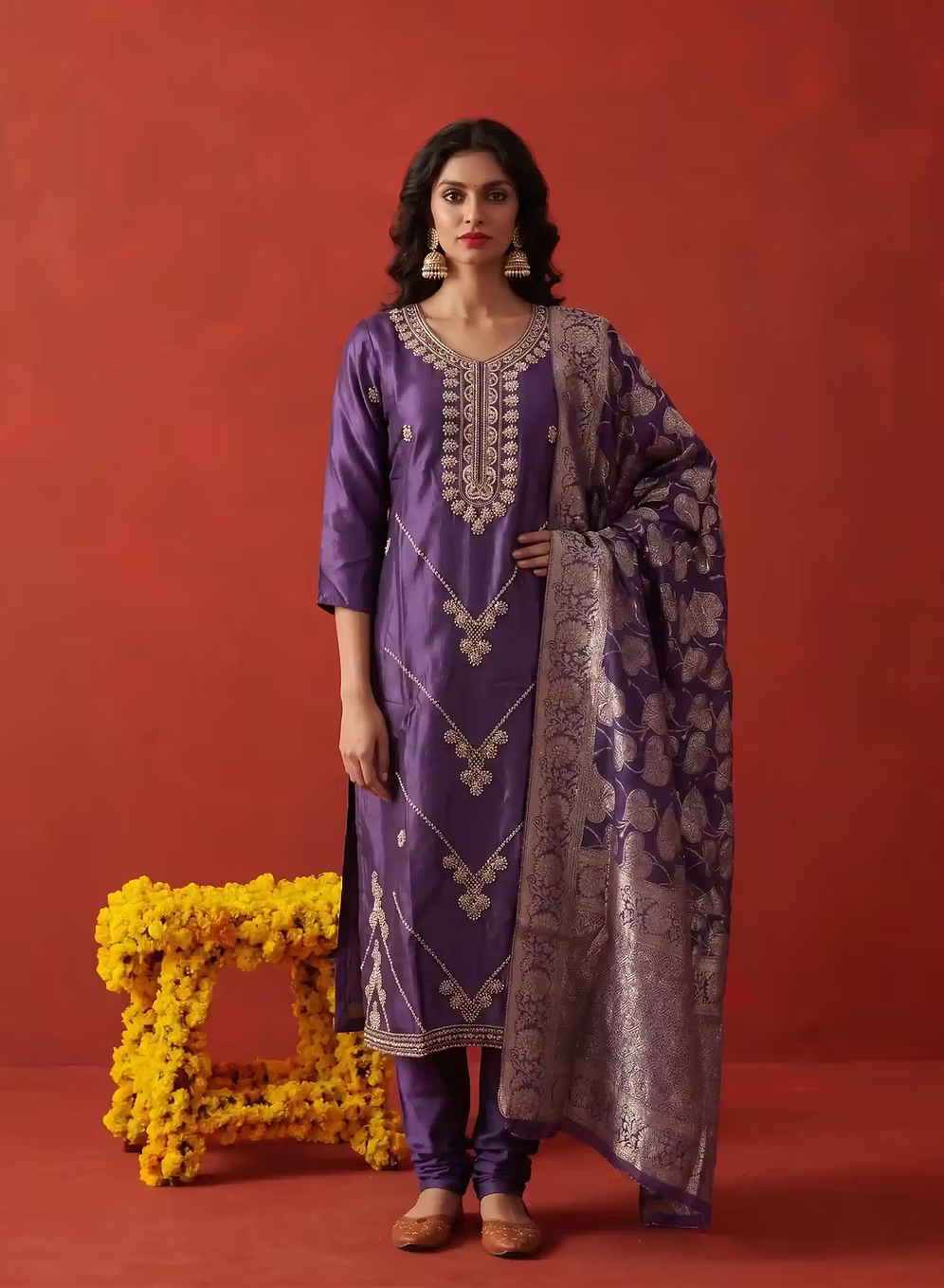 Grape Purple Hand Embroidered Kurta Set With Dupatta