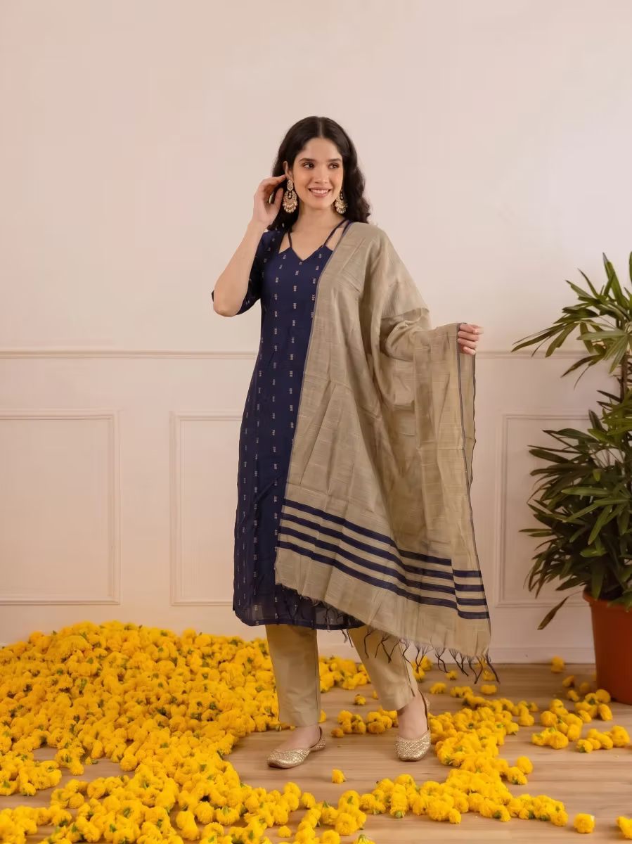 Navy Blue Butti Motif Kurta Set With Dupatta