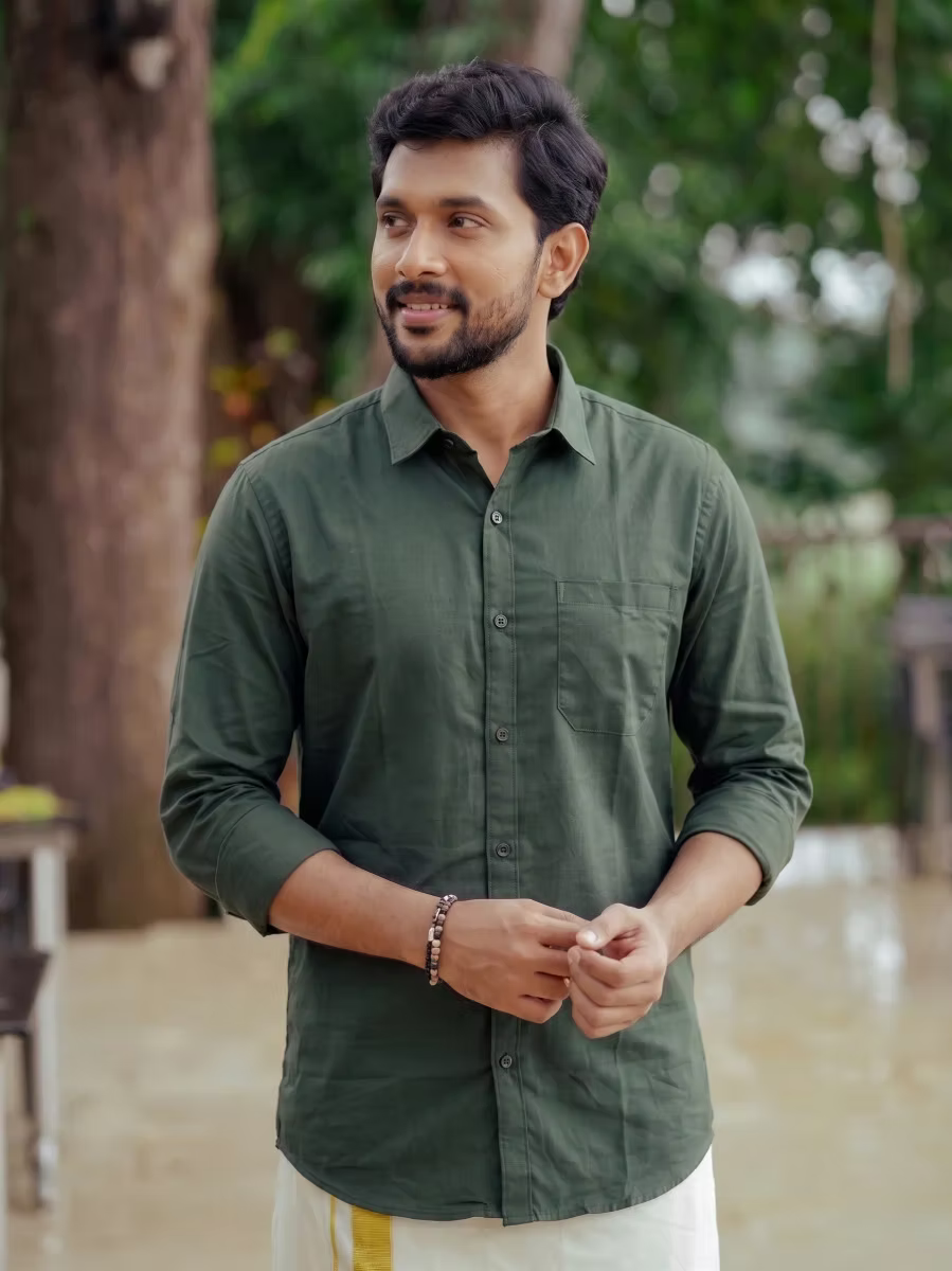 Dark Green Shirt and Kasavu Mundu Dhoti Combo Set