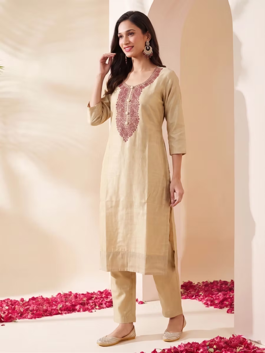 Golden Tissue Rouge Pink Embroidery Kurti