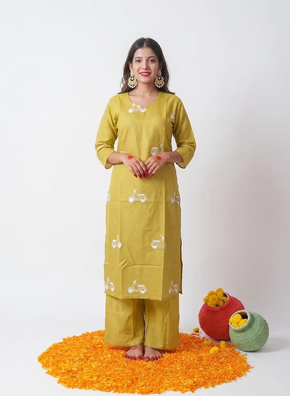 Pear Green Scooter Motif Embroidery Kurta Set