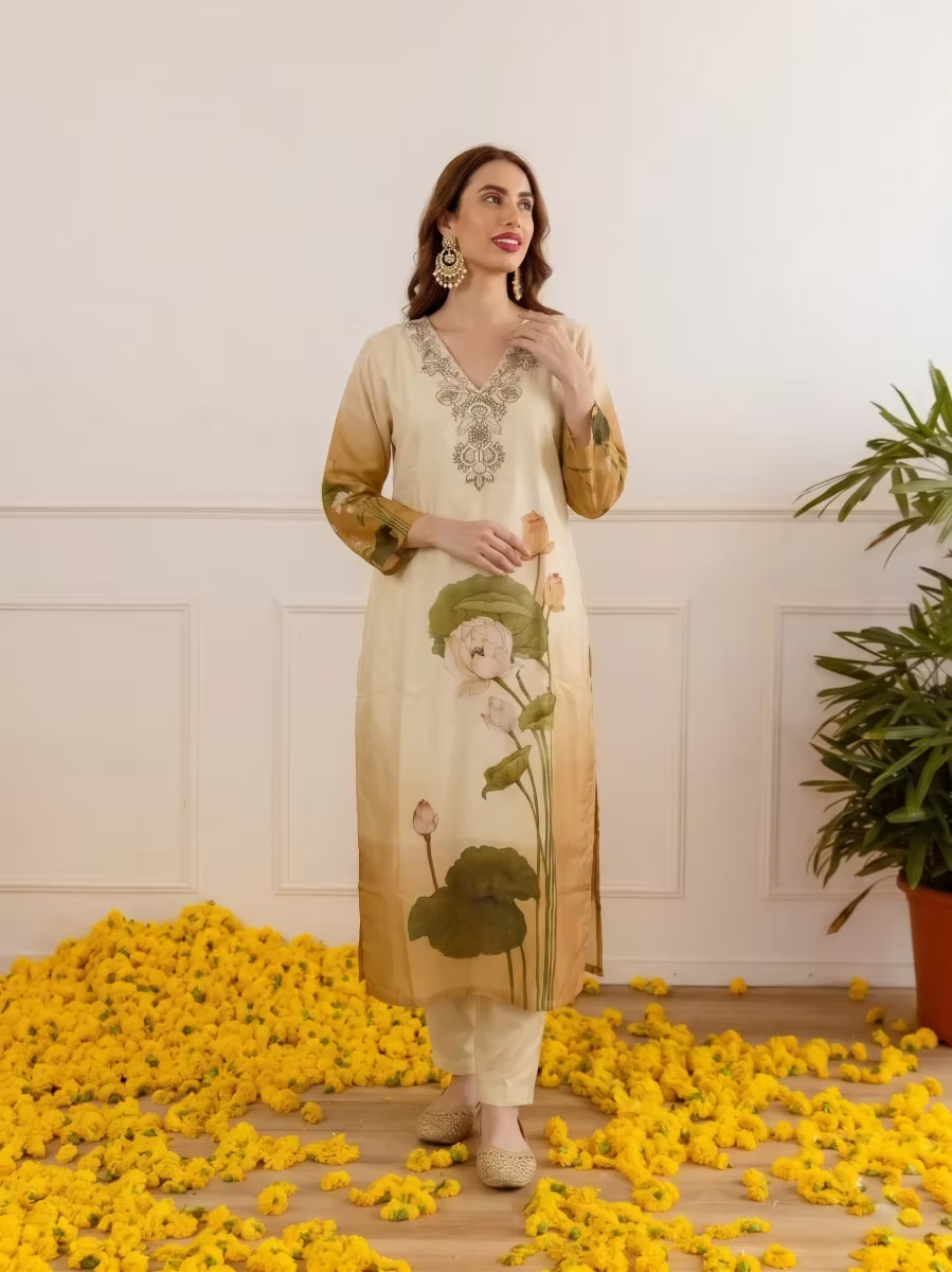 Floral Embroidery Cotton Silk Kurti