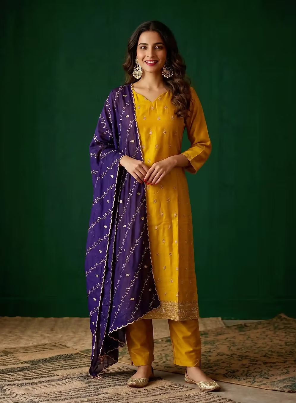 Saffron Yellow Embroidery Kurta Set with Purple Dupatta