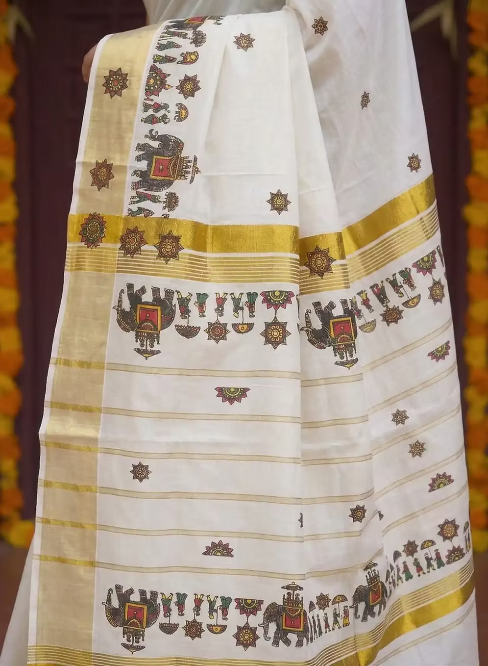 Traditional Elephant Mural Stripe Cotton Kasavu Saree With Blouse
