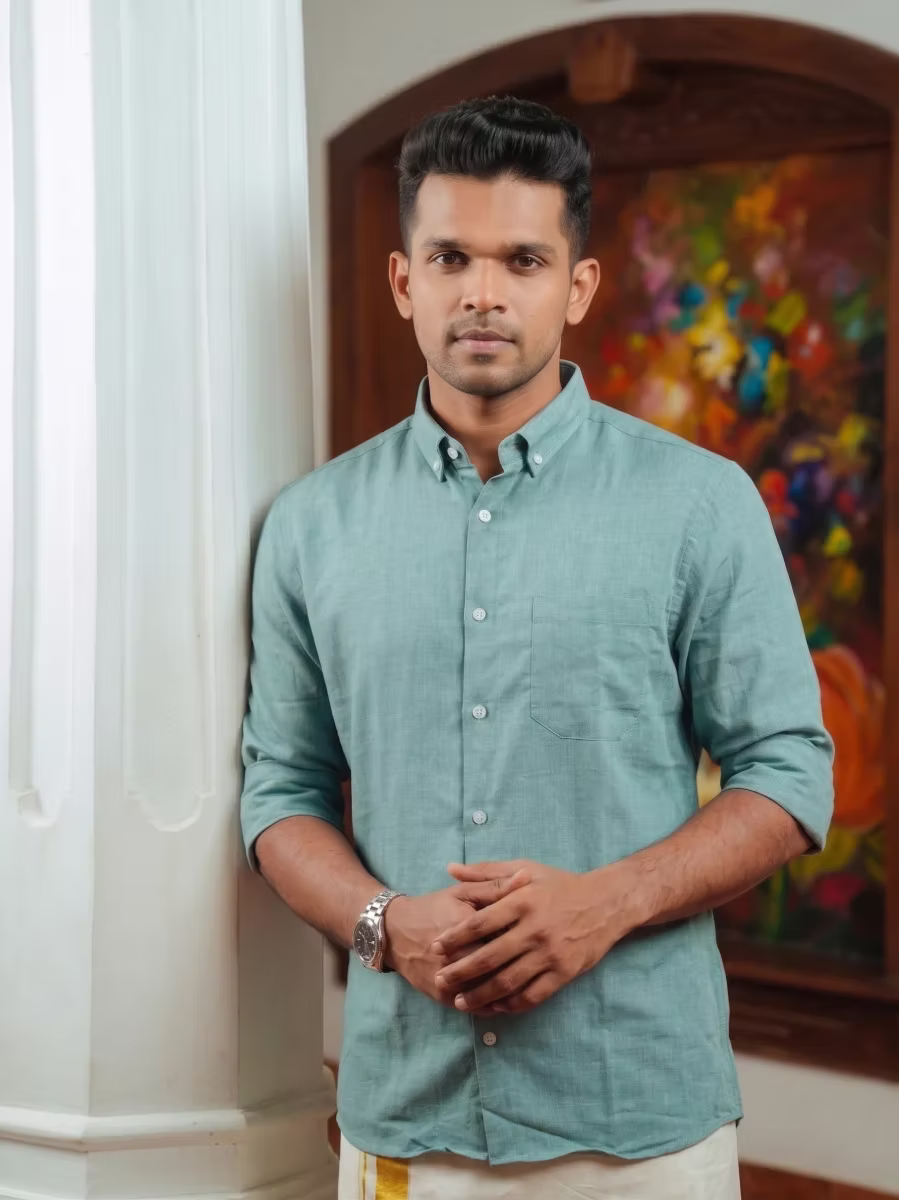 Teal Blue Linen Cotton Shirt and Kasavu Mundu Dhoti Combo