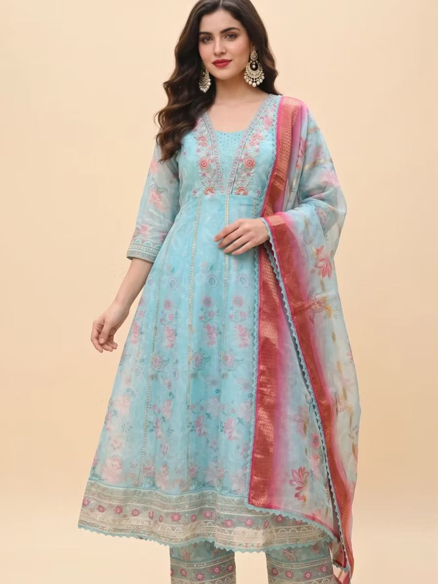 Aqua Blue Floral Embroidery Anarkali Kurti Set