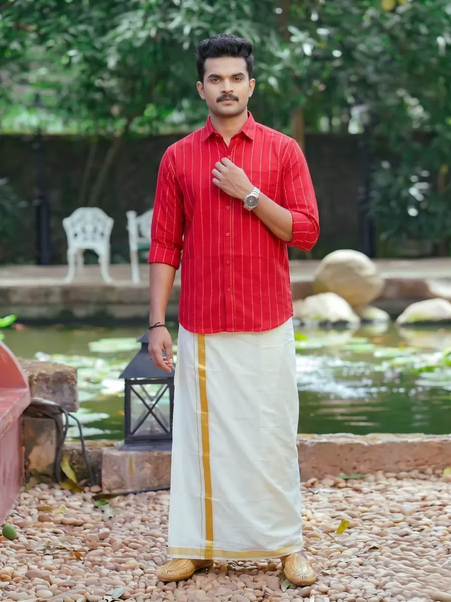 Red Golden Flecha Cotton Shirt and Kasavu Mundu Dhoti Combo