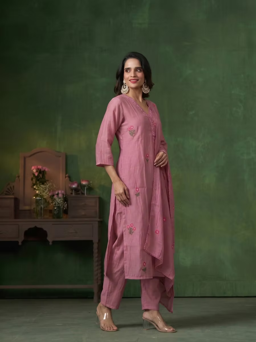 Onion Pink Floral Embroidery 3 Piece Kurta Trouser Set