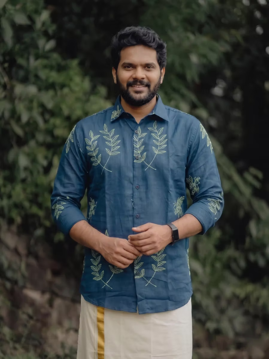 Ocean Teal Botanical Embroidery Cotton Shirt and Kasavu Mundu Dhoti Combo