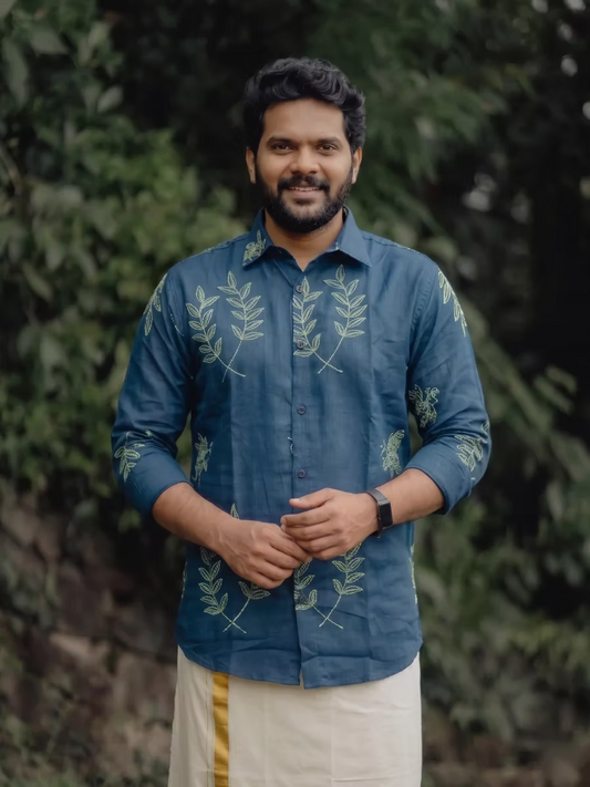 Ocean Teal Botanical Embroidery Cotton Shirt and Kasavu Mundu Dhoti Combo