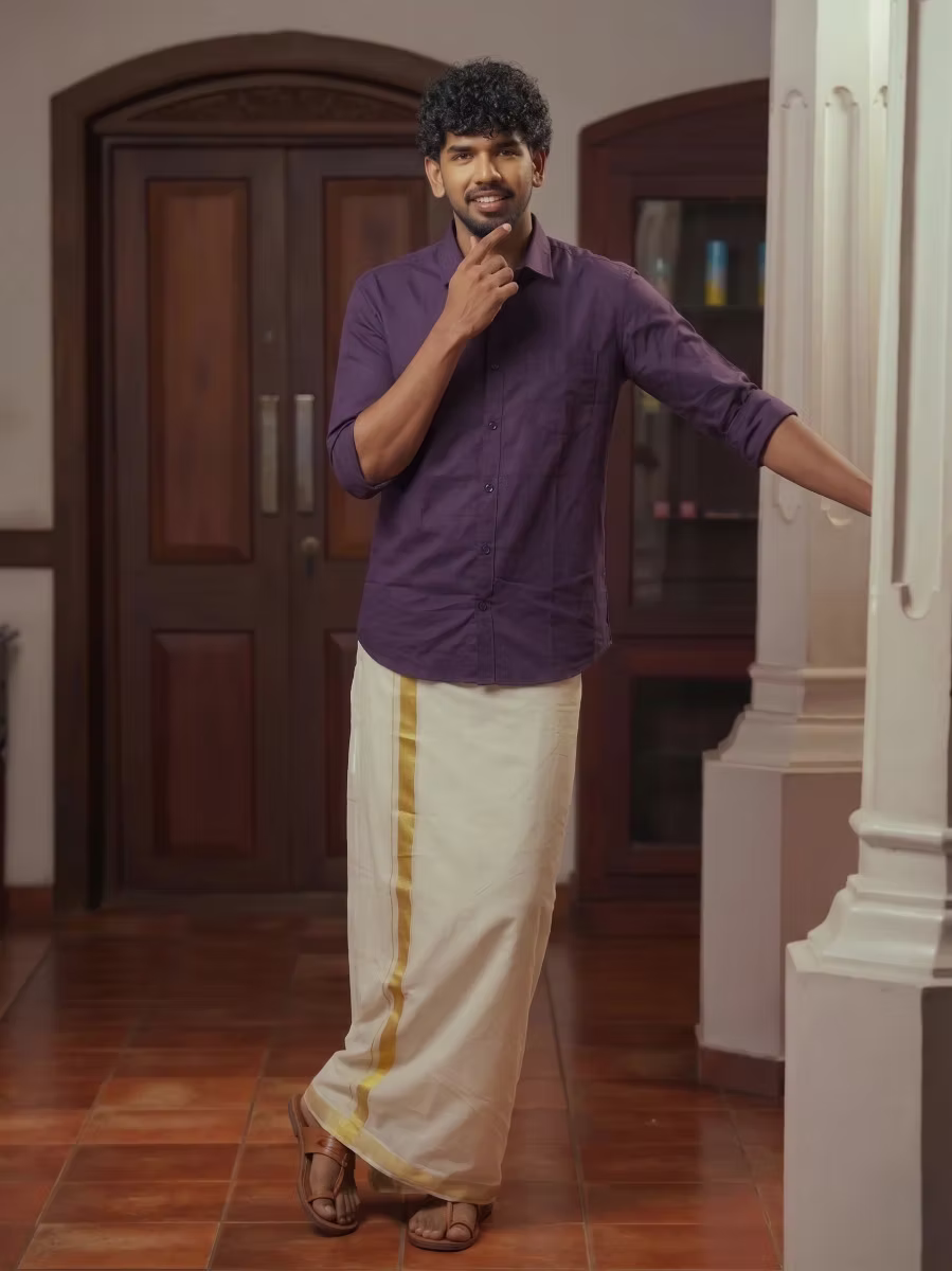 Purple Shirt and Kasavu Mundu Dhoti Combo Set