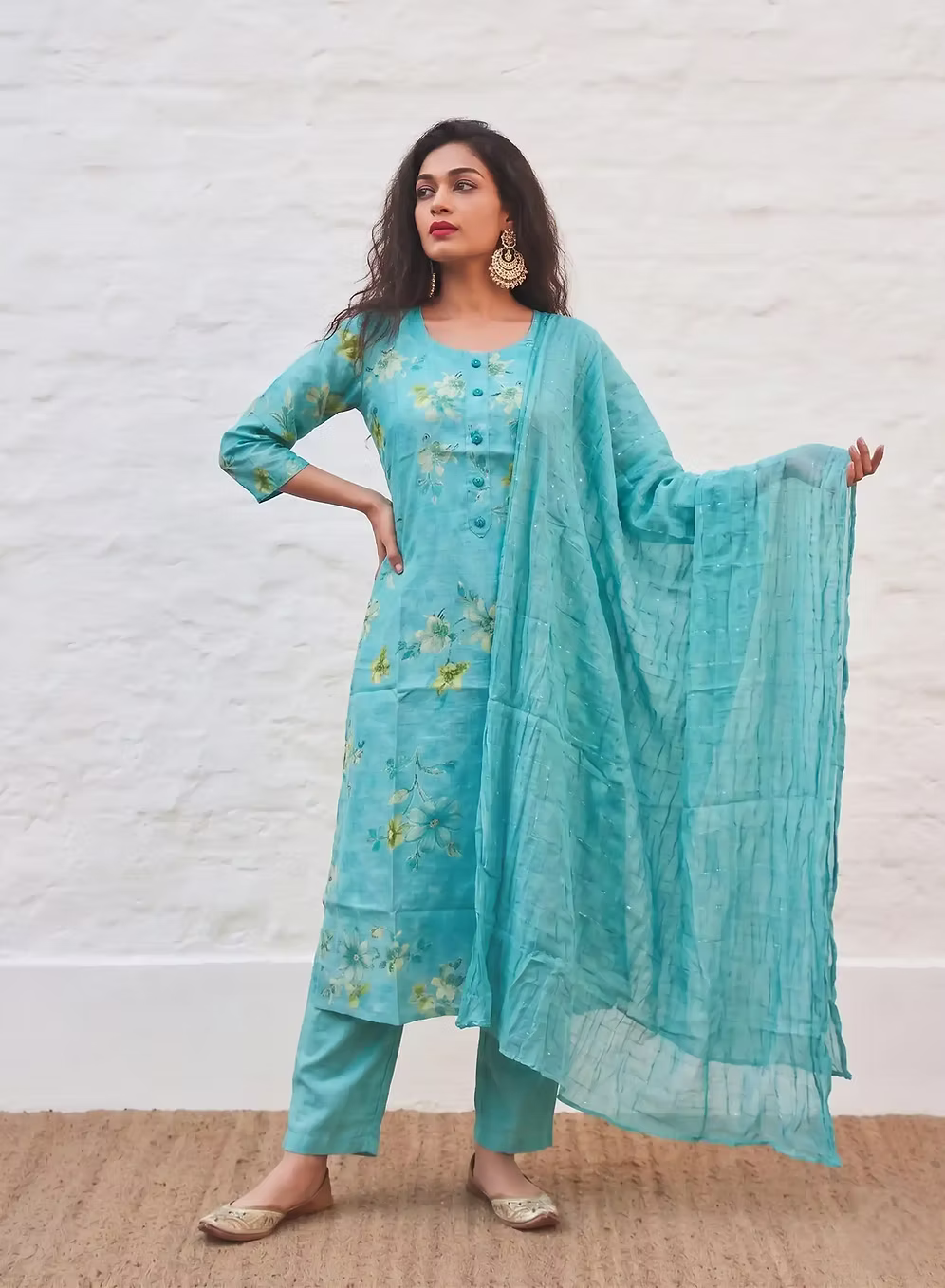 Turquoise Delicate Blossom Embroidery Kurta Set With Dupatta