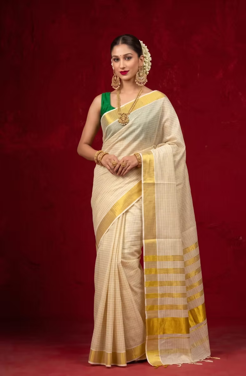 Golden Block Stripe Tassel Tissue Kasavu Saree with Running Blouse