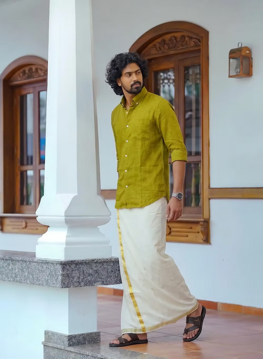 Olive Linen Cotton Shirt and Kasavu Mundu Dhoti Combo