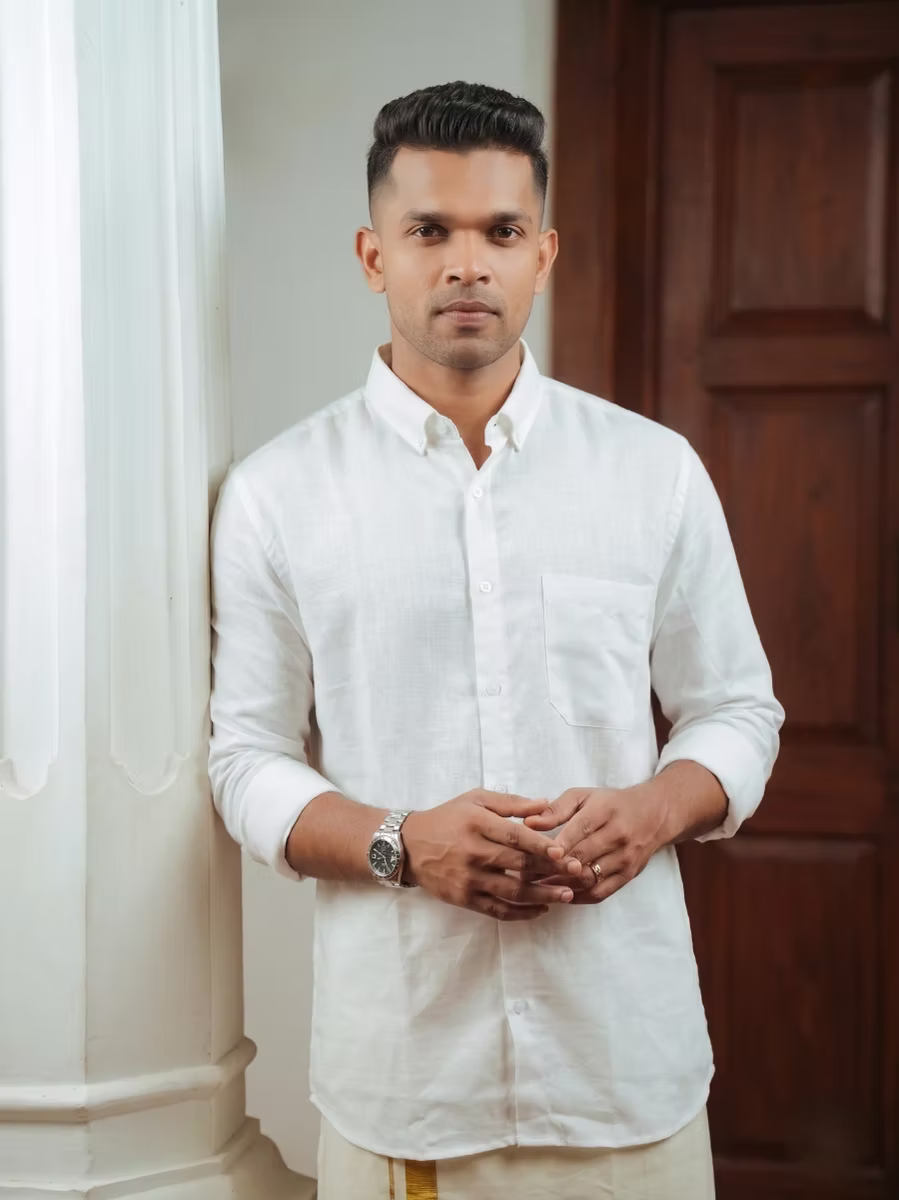 White Linen Cotton Shirt and Kasavu Mundu Dhoti Combo