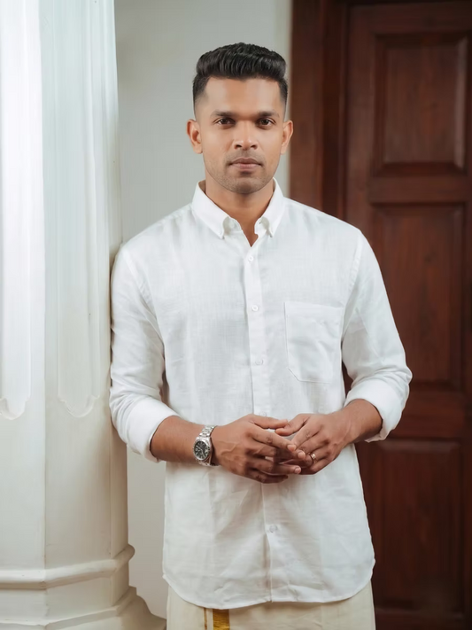 White Linen Cotton Shirt and Kasavu Mundu Dhoti Combo