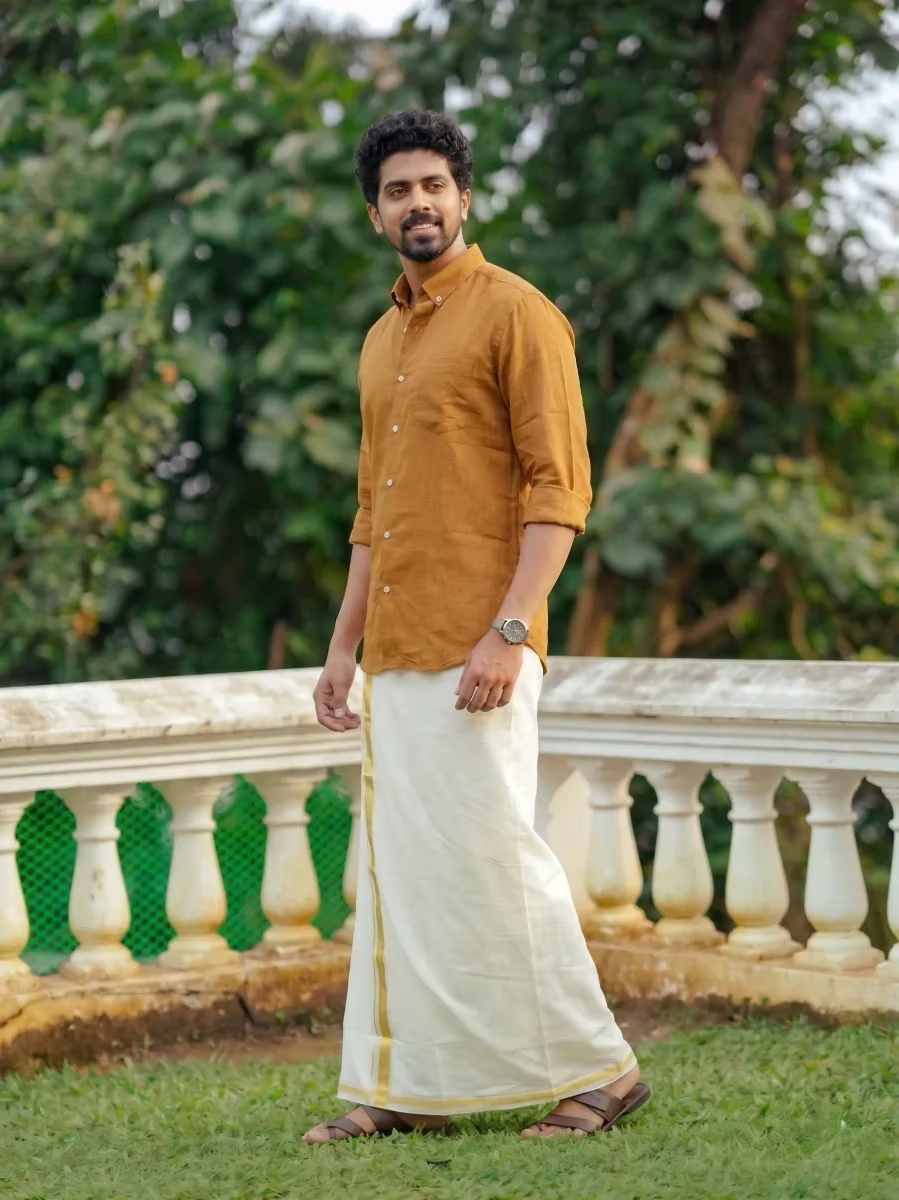 Mustard Yellow Linen Cotton Shirt and Kasavu Mundu Dhoti Combo