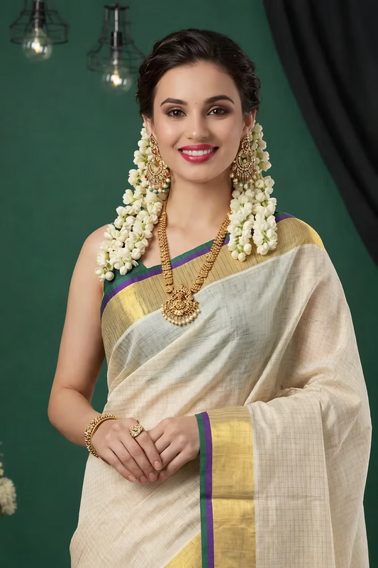 Green & Violet Check Cotton Kerala Saree with Tassels