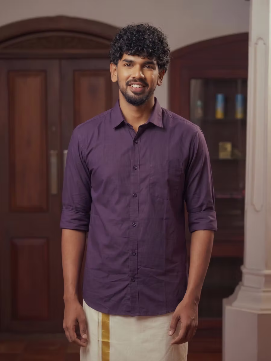 Purple Shirt and Kasavu Mundu Dhoti Combo Set
