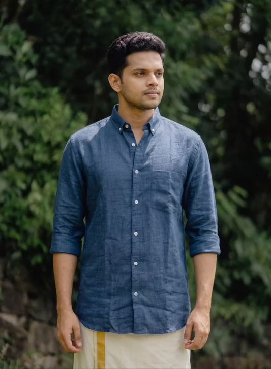 Denim Blue Linen Cotton Shirt and Kasavu Mundu Dhoti Combo