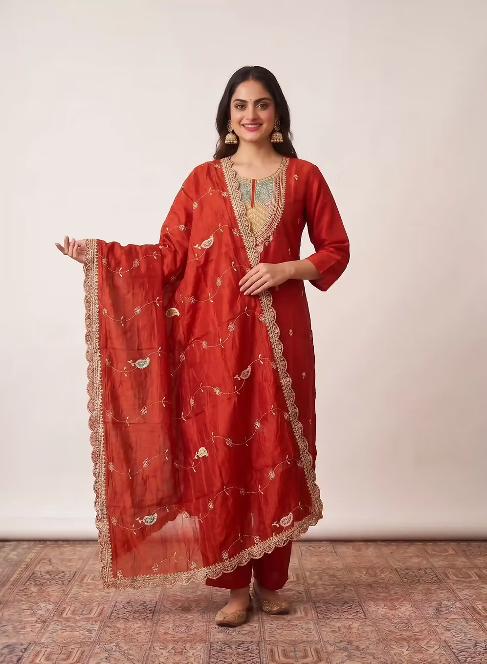 Burnt Orange Intricate Embroidered Kurta Set With Dupatta