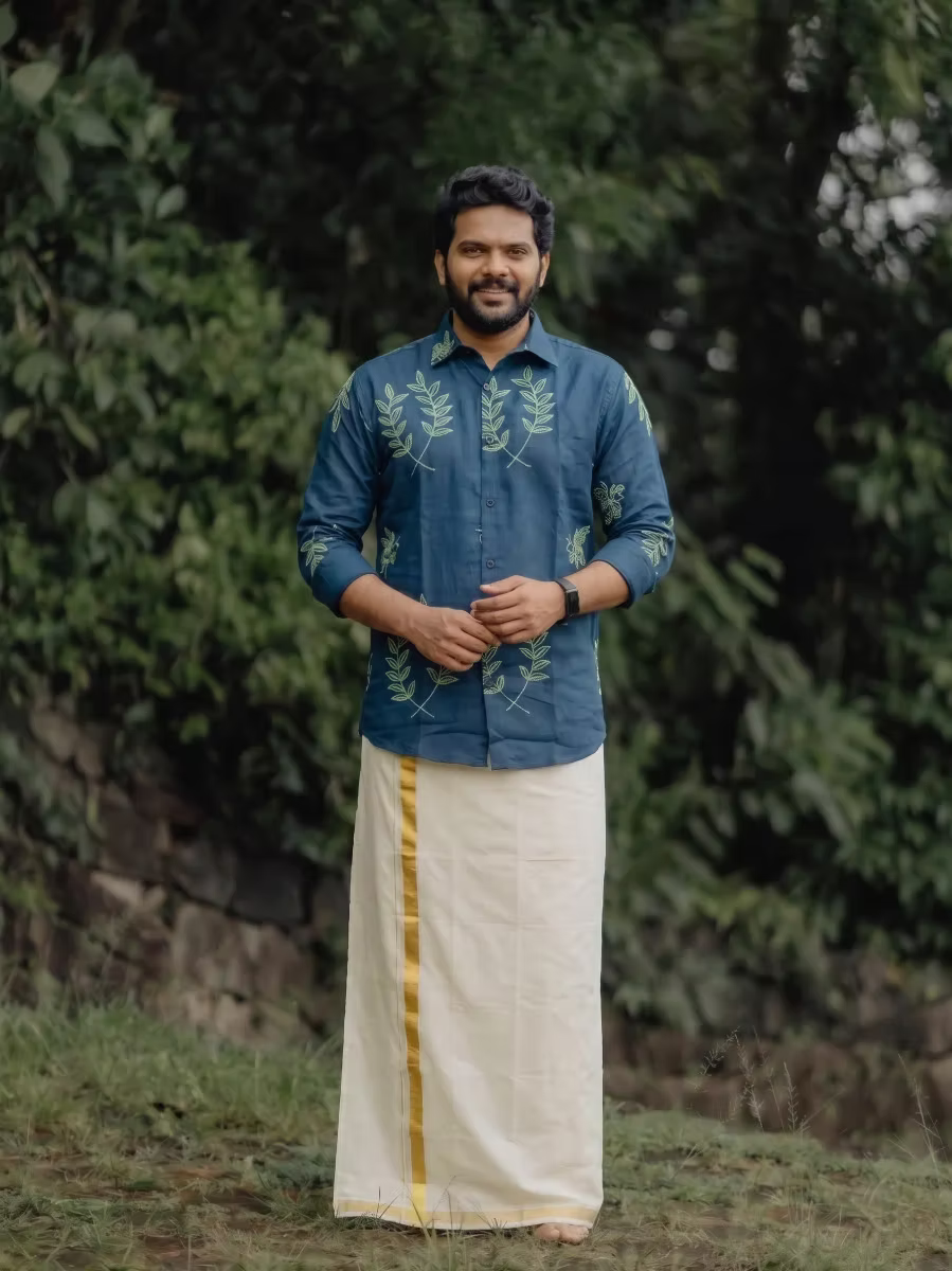 Ocean Teal Botanical Embroidery Cotton Shirt and Kasavu Mundu Dhoti Combo