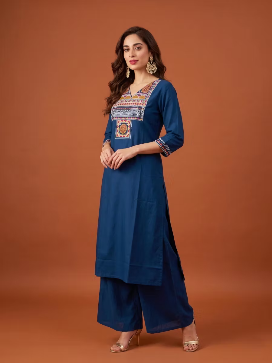 Midnight Blue Multicolor Tribal Embroidered Kurta Set