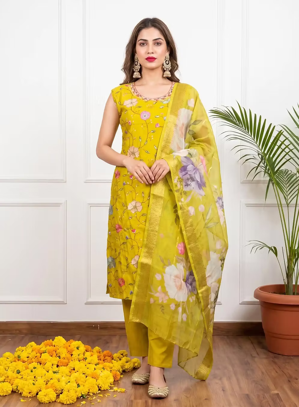 Bright Yellow Multicolor Floral Embroidery Kurta Set with Dupatta