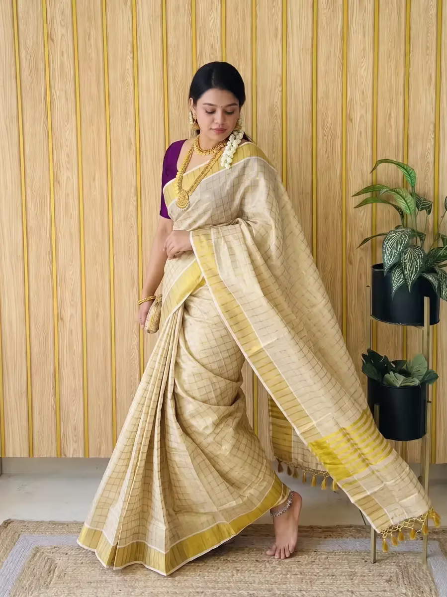 Golden Block Balaramapuram Kasavu Tissue Saree With Tussel