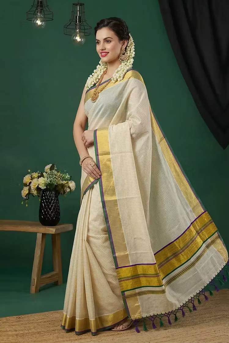 Green & Violet Check Cotton Kerala Saree with Tassels