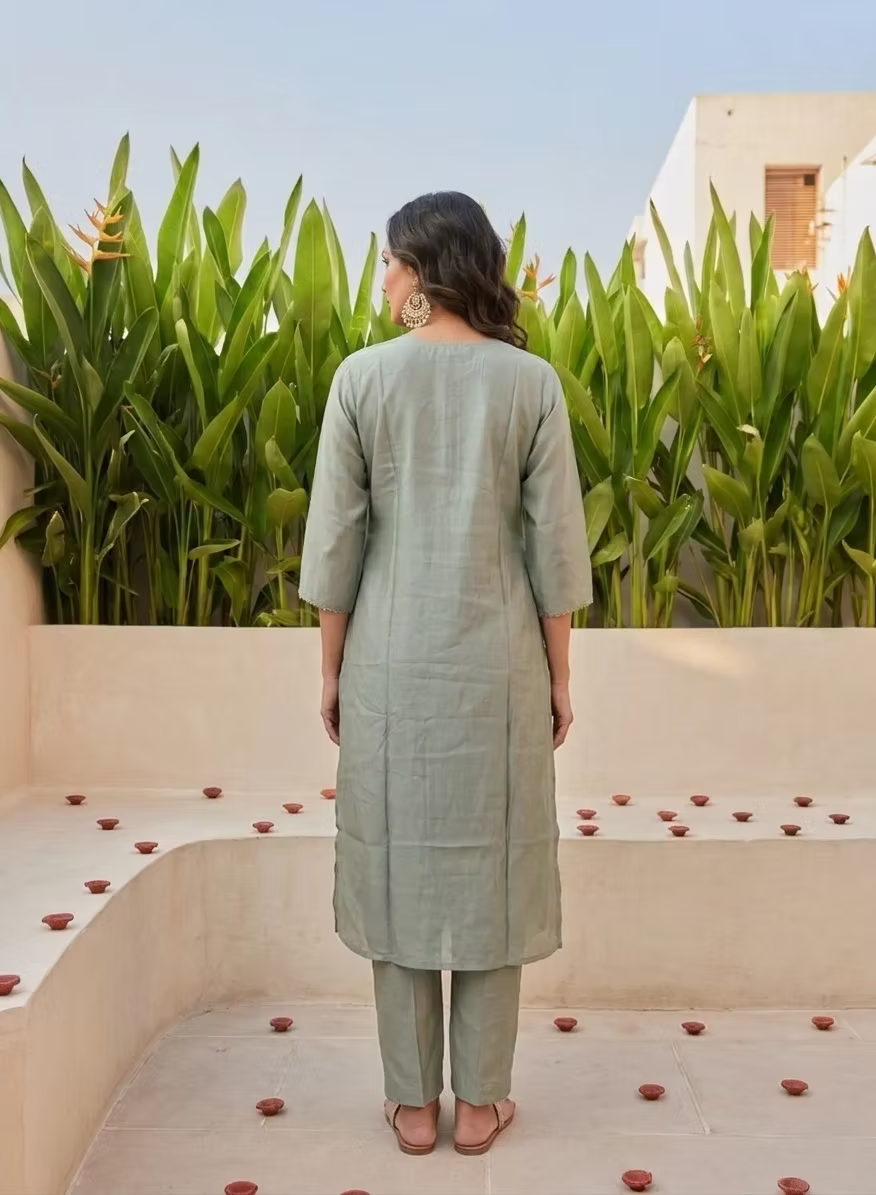 Sage Green Floral Embroidery Kurta Set with Silver Zari Dupatta