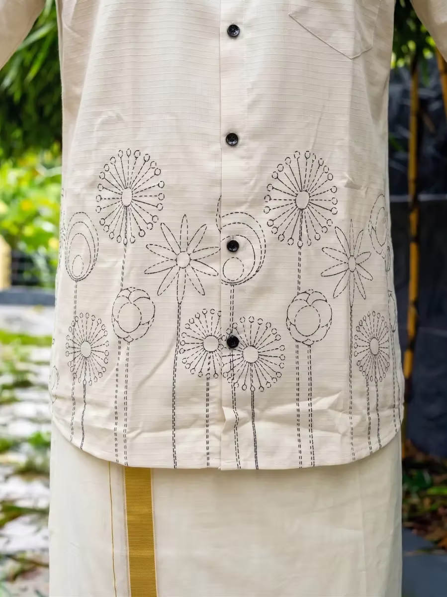 Beige Floral Motif Cotton Shirt and Kasavu Mundu Dhoti Combo