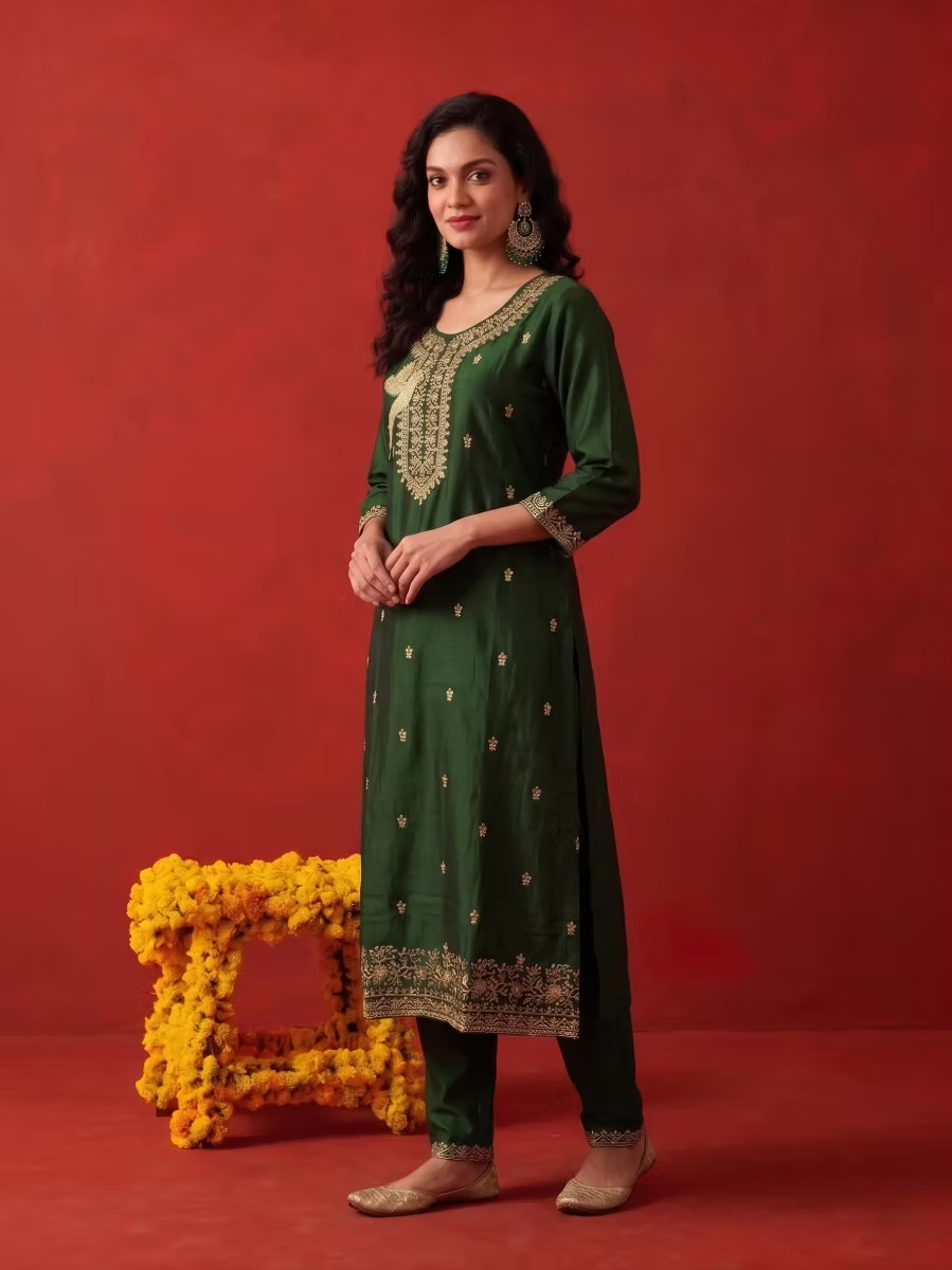 Deep Forest Green Bird Motif Embroidered Kurta Set With Olive Dupatta
