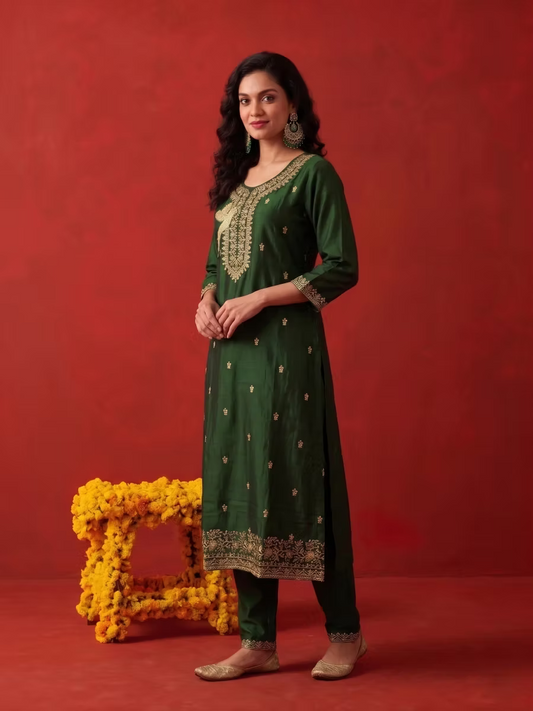 Deep Forest Green Bird Motif Embroidered Kurta Set With Olive Dupatta