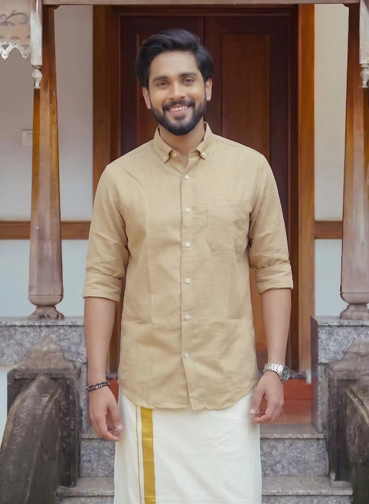Sand Beige Linen Cotton Shirt and Kasavu Mundu Dhoti Combo