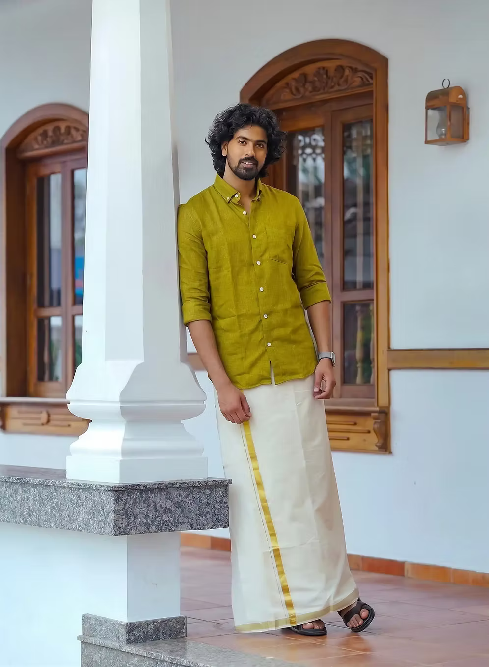 Olive Linen Cotton Shirt and Kasavu Mundu Dhoti Combo