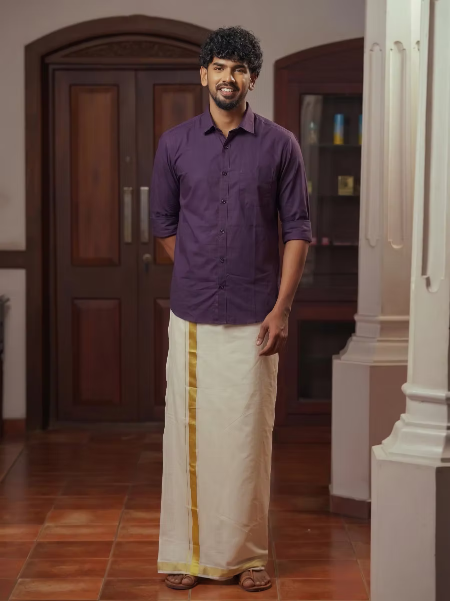 Purple Shirt and Kasavu Mundu Dhoti Combo Set