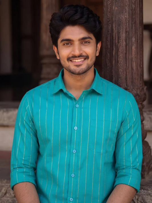 Teal Blue Golden Flecha Cotton Shirt and Kasavu Mundu Dhoti Combo