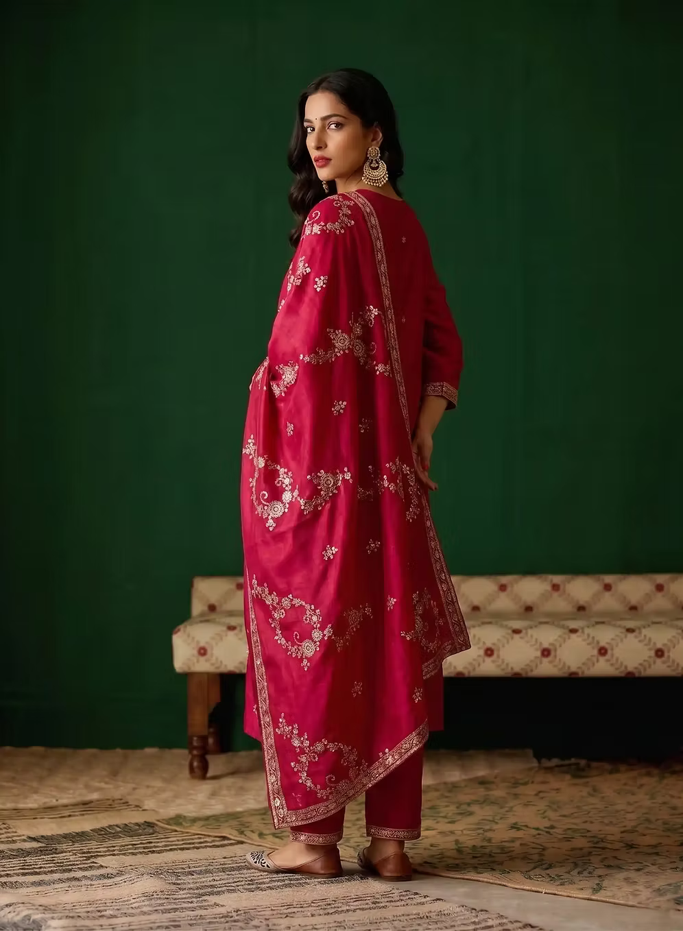 Deep Pink Embroidered Kurta Set with Dupatta