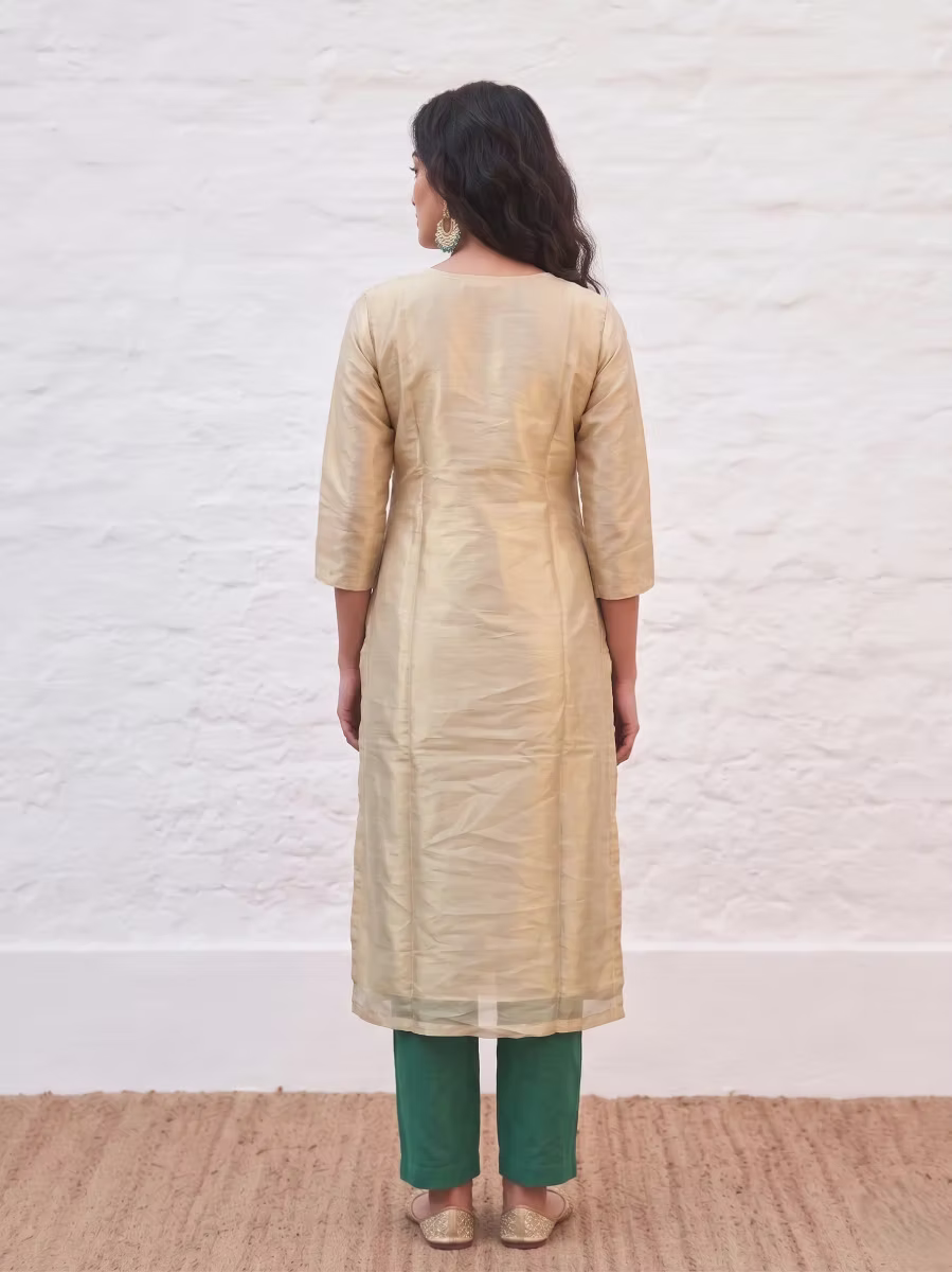 Hand Embroidered Golden Tissue Kurta Set with Teal Designer Dupatta