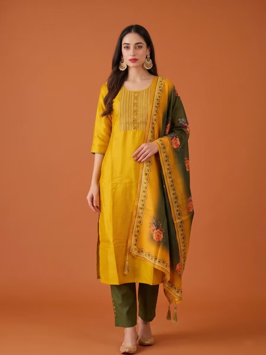 Honey Yellow Embroidered Kurta Set with Olive Dupatta