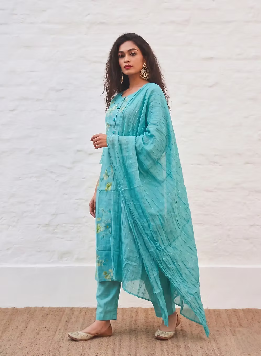 Turquoise Delicate Blossom Embroidery Kurta Set With Dupatta