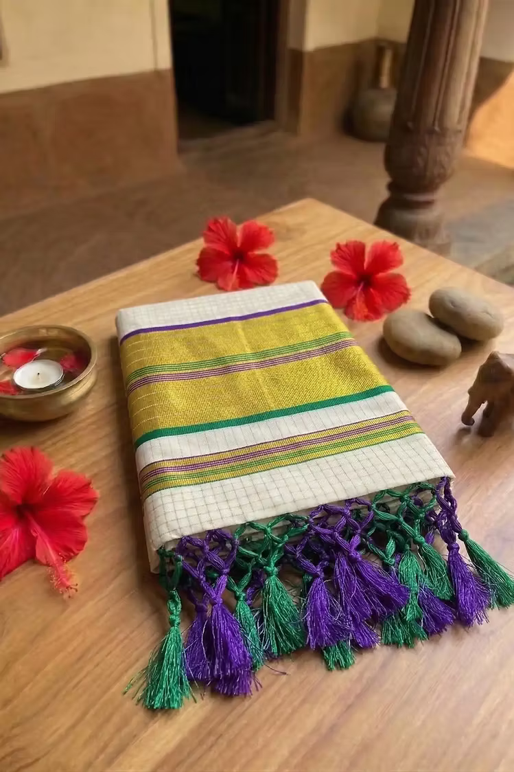 Green & Violet Check Cotton Kerala Saree with Tassels