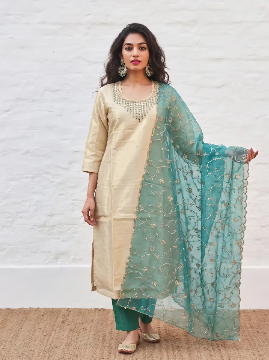 Hand Embroidered Golden Tissue Kurta Set with Teal Designer Dupatta