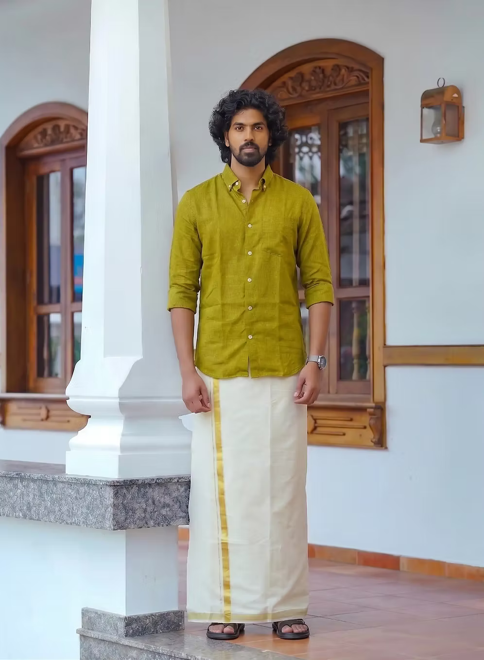Olive Linen Cotton Shirt and Kasavu Mundu Dhoti Combo