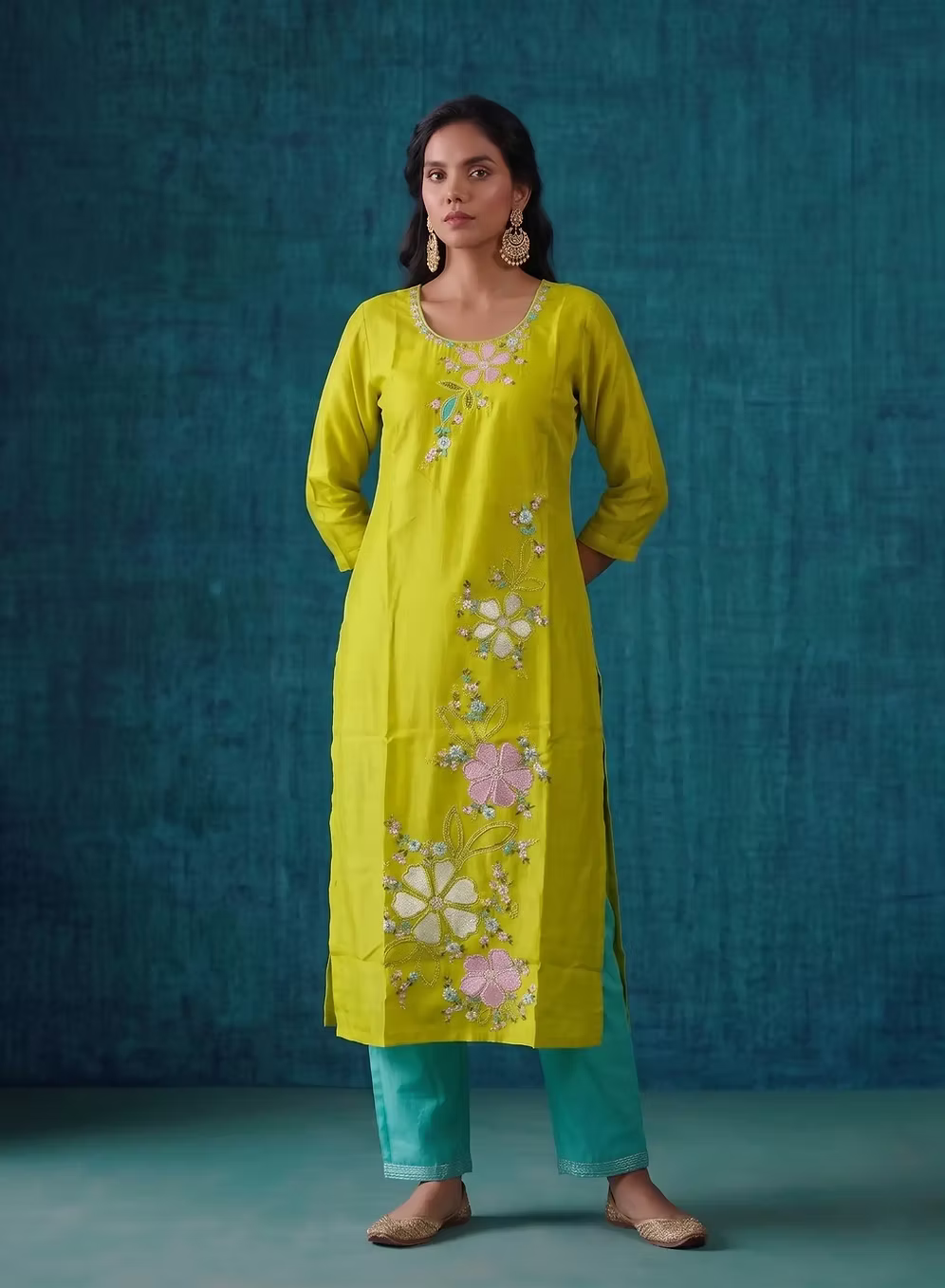 Lime Yellow Multicolor Bloom Embroidery Kurta Set With Turquoise Dupatta