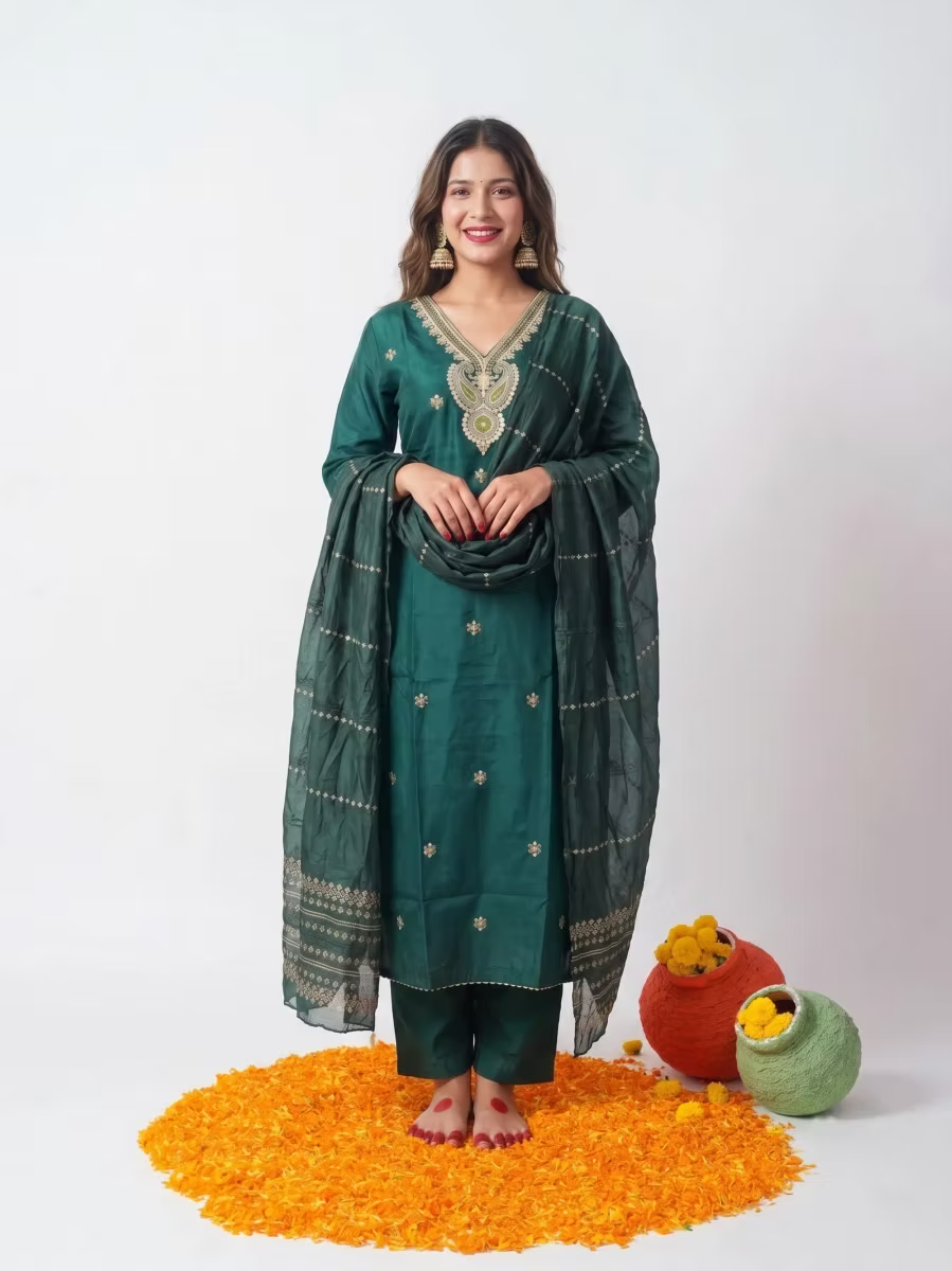 Deep Teal Green Kurta Set with Intricate Zari Embroidered Yoke & Sheer Woven Dup
