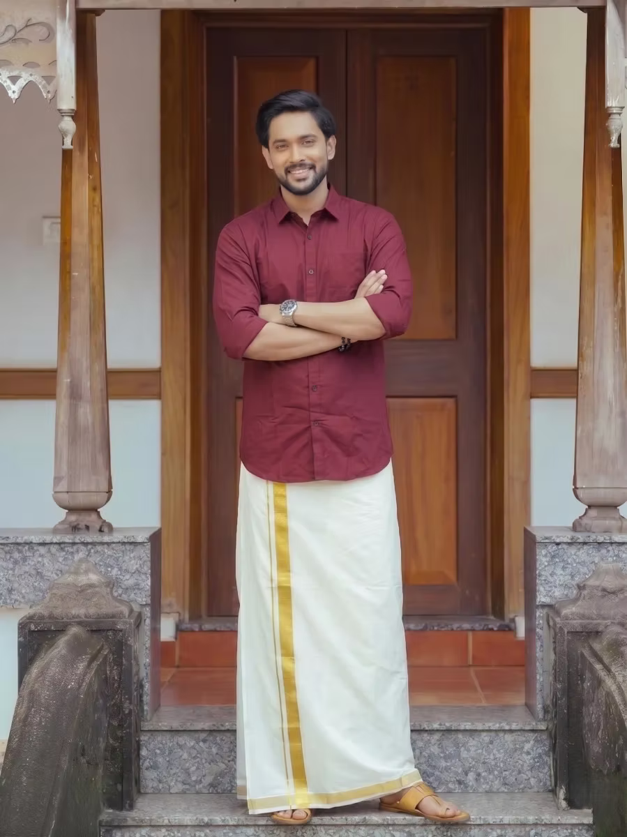 Maroon Shirt and Kasavu Mundu Dhoti Combo